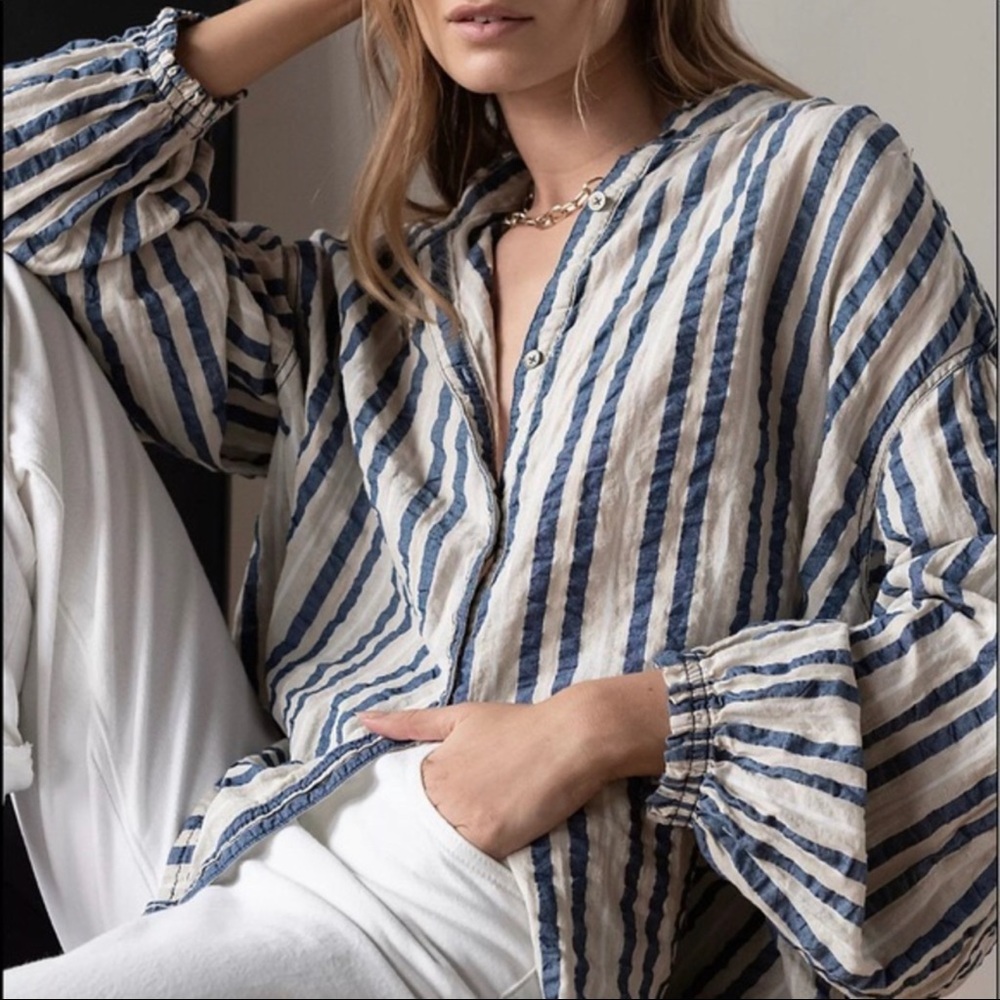 Free People We The Free Set Sail blue striped button down top size XS